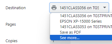 The Destination list in the Chrome print window
