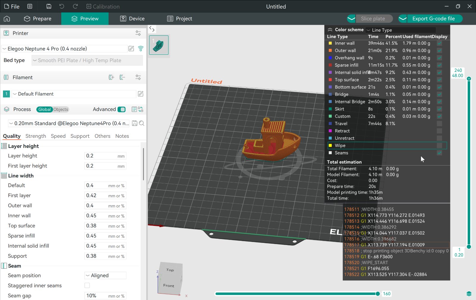 A slicer showing the G-code toolpath for a print